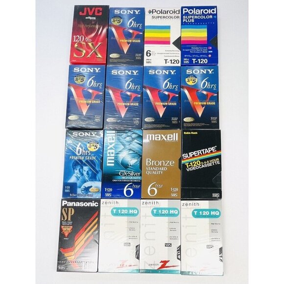 Lot 16 T-120 Blank 6hr EP VHS Videocassette SONY POLAROID RADIOSHACK JVC NIP NEW - Picture 1 of 15